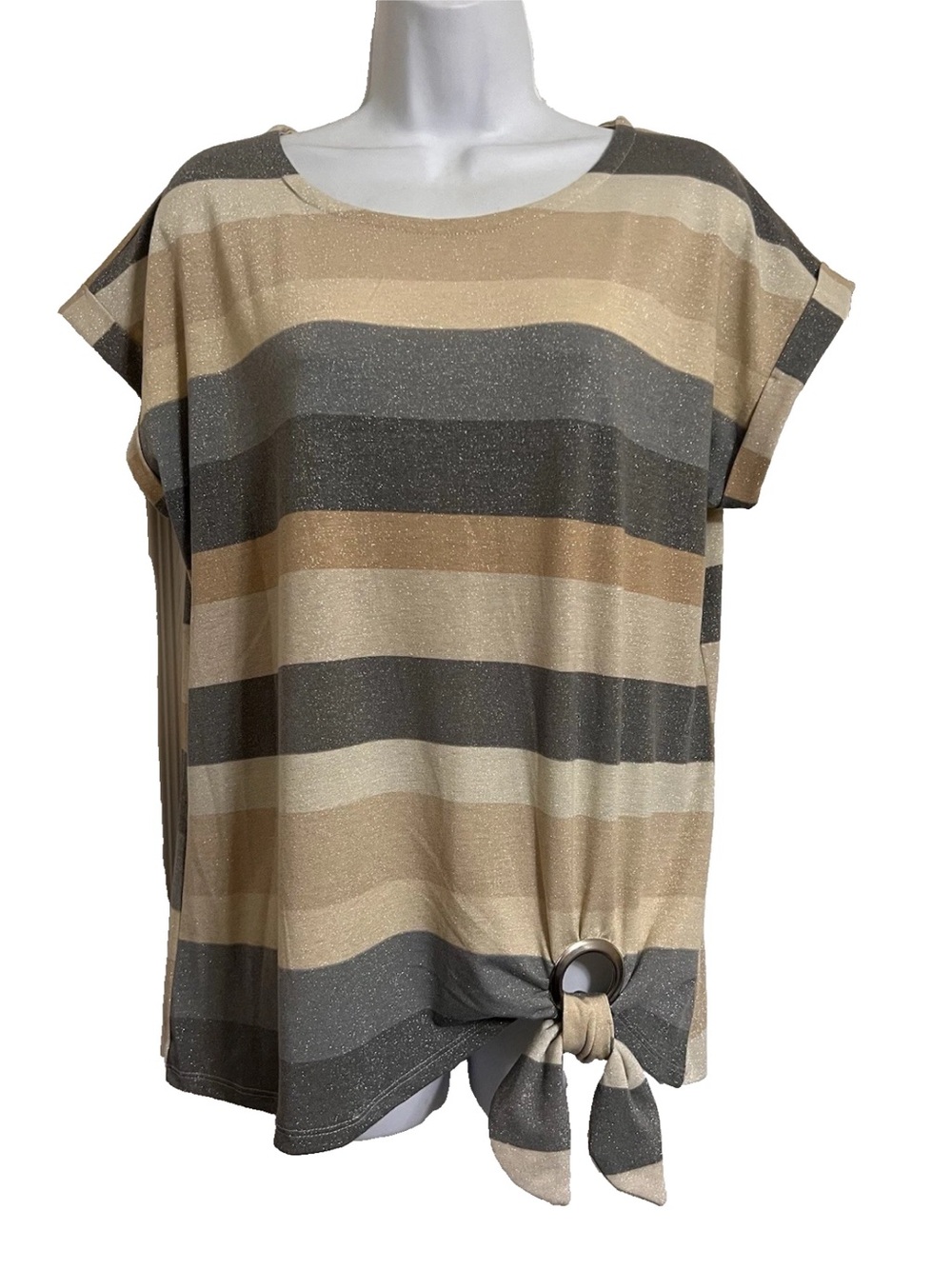 SWEET VIOLET SIZE L SHIMMERY Striped Tie-Hem Short Sleeve Top - Beige & Gray